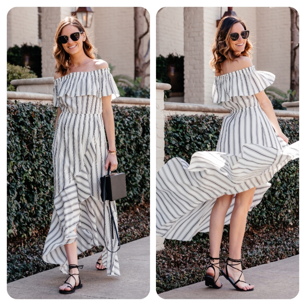 Express Striped Strapless Off The Shoulder High Low Maxi Dress White Grey Large